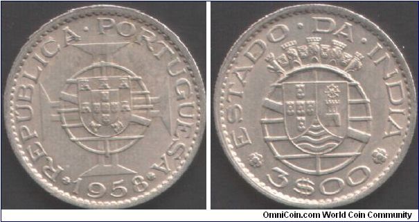 Portuguese India -1958 copper nickel 3 escudos