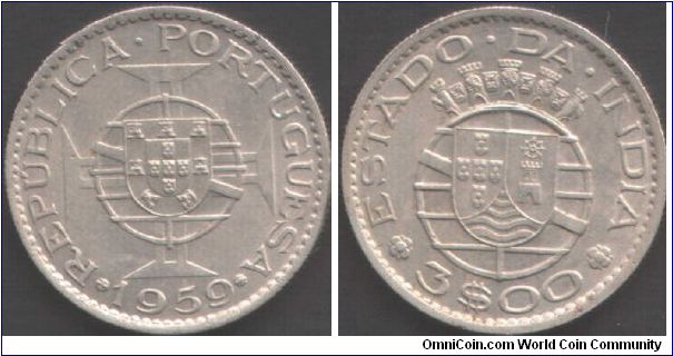 Portuguese India -1959 copper nickel 3 escudos