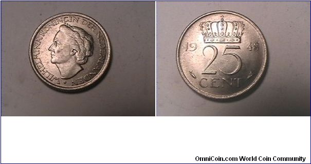 WILHELMINA KONINGIN DER NEDERLANDEN
25 CENTS
nickel