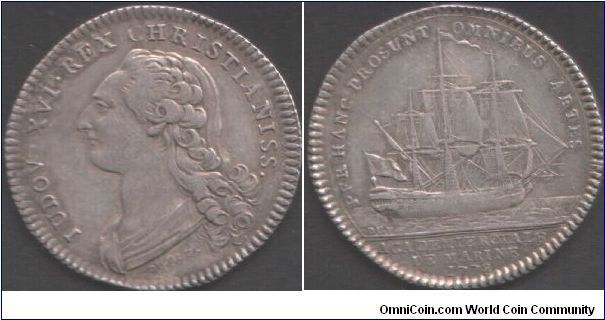 1778 Academie Royale De Marine. Bust of Louis XVI signed Duviv fil.That is, Benjamin Duvivier. (obverse). Man of War sailing to right (reverse)