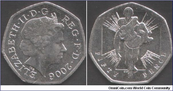 well worn 2006 50p commemorative snatched from circulation.