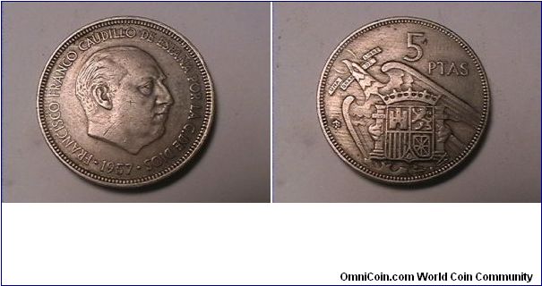 FRANCISCO FRANCO CAUDILLO DE ESPANA POR LA G DE DIOS 
5 PESETAS (63 IN STAR)
copper-nickel