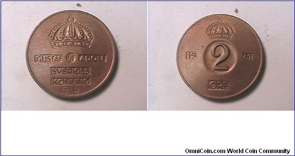 GUSTAF VI ADOLF SVERIGES KONUNG
2 ORE
bronze