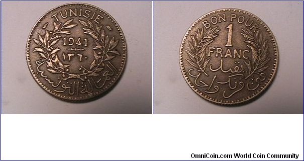 TUNISIE
BON POUR 1 FRANC
alum-bronze