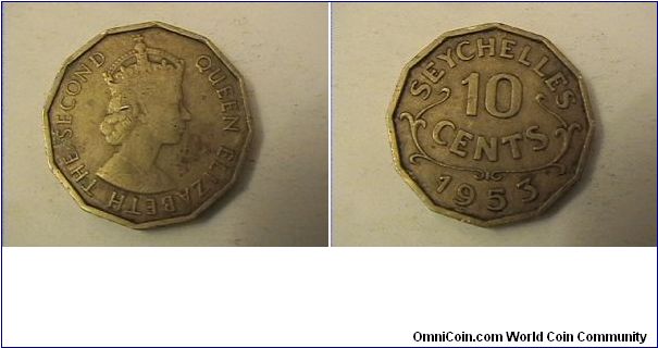 QUEENN ELIZABETH THE SECOND
SEYCHELLES 10 CENTS
nickel-brass