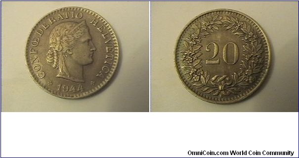 CONFOEDERATIO HELVETICA
20 RAPPEN
1944-B
copper-nickel