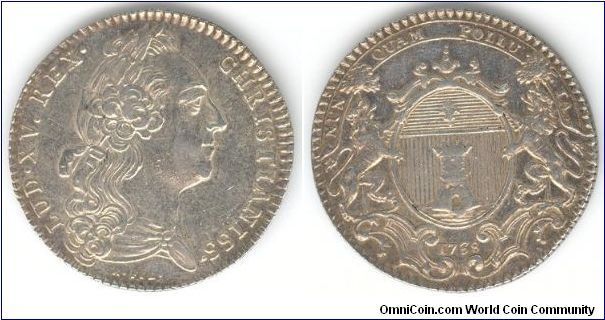 1738 silver jeton (variation) - Bayonne Chamber of Commerce. Obverse bust of Louis XV. Revers, arms of Bayonne. Although dated 1738, this jeton appears to have been struck circa 1760 as the bust is too mature for 1738.
