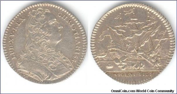 1740(ish) silver jeton - Bayonne Chamber of Commerce. Obverse, youthful bust of Louis XV by Jean Duvivier. Reverse, harbour scene with ship being unloaded.