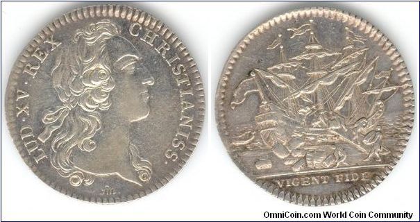 1740(ish) silver jeton - Bayonne Chamber of Commerce. Obverse, bust of Louis XV by Marteaux. Reverse, harbour scene with ship being unloaded.