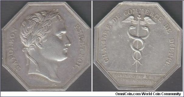 1809 silver jeton for Dieppe Chamber of Commerce. Napoleon obverse by Andrieu, staff of Hermes reverse. Nice original.