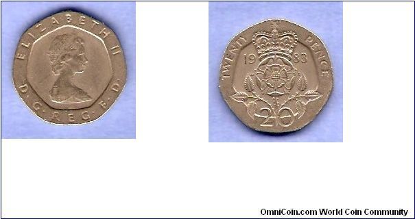 Anverso: Reina Elizabeth II, Reverso: Corona de Rosas, Denominacion 20 Centimos de Libra