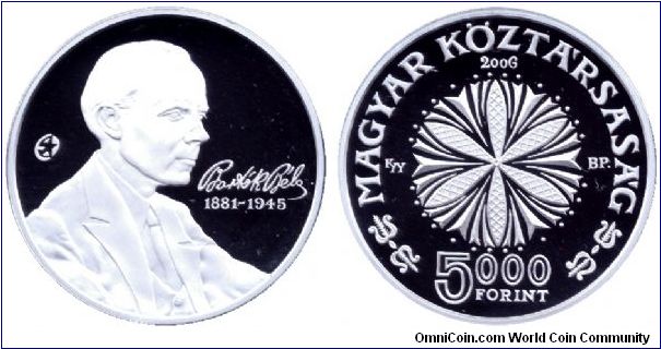 Hungary, 5000 forint, 2006, Ag, 125th Anniversary of the Birth of the great Hungarian componist Béla Bartók (1881-1945).                                                                                                                                                                                                                                                                                                                                                                                            