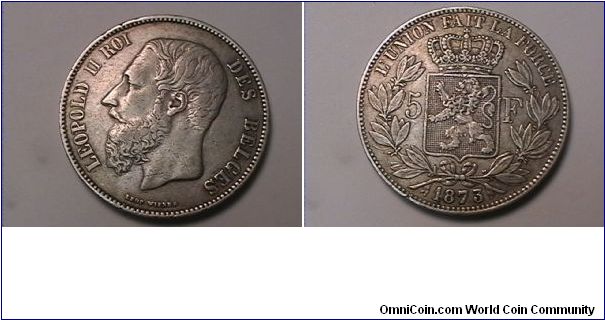 LEOPOLD II ROI DES BELGES
L'UNION FAIT LA FORCE 5 FRANCS
0.900 silver