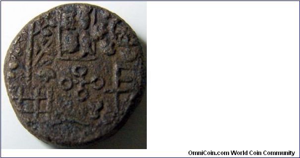 Very Fine coin of Ujjaini Region(Central India). It has various figures. 
1. Ujjaini Symbol
2. Tree in a fence
3. Fish & Turtle
4. Six Arm Symbol
5. River
6. Two more symbols
Date - 300 BC