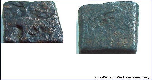 Mauryan Punchmarked coins with four marks on obverse and 1 mark on reverse.
300 BC to 175 BC