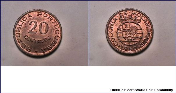 REPUBLICA PORTUGUESA
COLONIA DE MOCAMBIQUE
20 CENTAVOS
bronze