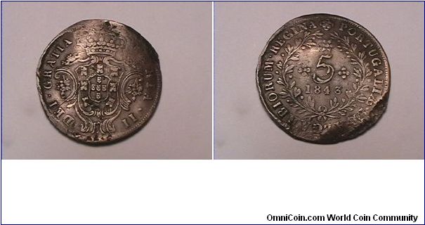 MARIA II DEI GRATIA
REGINA PORTUGALIAE ET ALGARBIORUM
5 REIS
bronze
HAMMERED