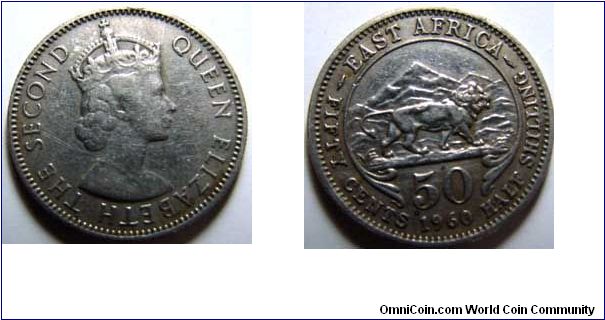 Obverse - Queen Elizabeth The Second.
Reverse - East Africa - Fifty Cents, Half Shilling.
Lion and Hill