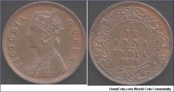 1876 1/12th anna. Bust `A', Calcutta mint. Myriads of die cracks around legends