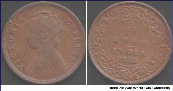 1885 1/12th anna. Bust `B', Calcutta mint. Small incused `c' on the bead below the second `8'  in date.