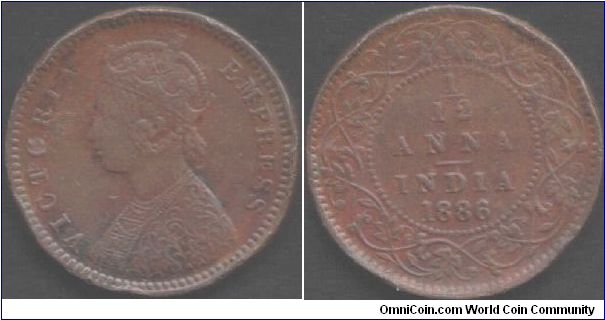 1885 1/12th anna. Bust `B', Calcutta mint. Small incused `c' on the bead between the `88'  in date.