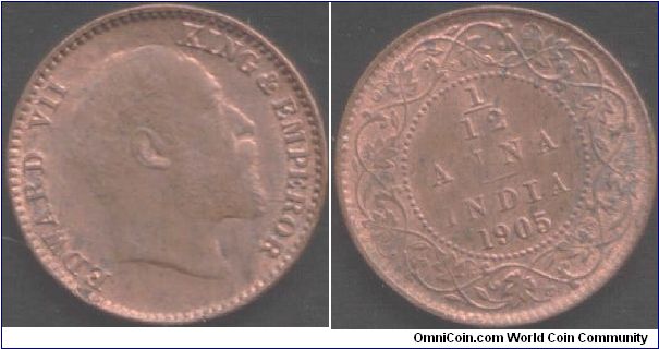 1905 1/12th anna Calcutta mint, thick planchet.