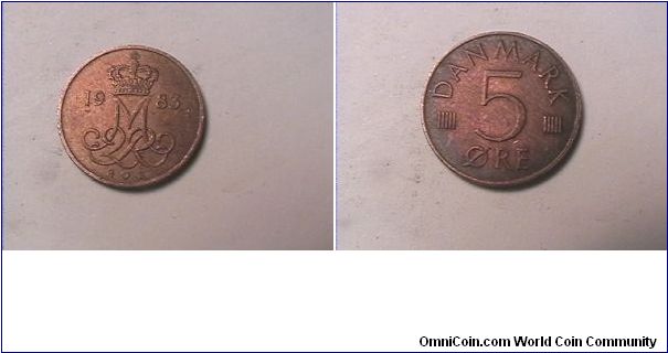 MARGRETHE II 
DANMARK 5 ORE 1983-RB
copper clad iron