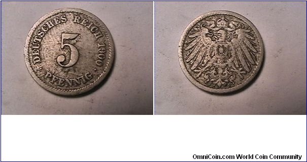 DEUTSCHES REICH
5 PFENNIG
1900-F
GERMAN EMPIRE
copper-nickel