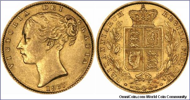 Extremely rare according to Spink. 1860 shield sovereign with O of VICTORIA over C.