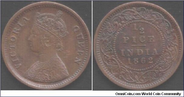 1862 1/2 Pice, minted at Calcutta.