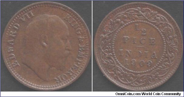 1909 Edward VII 1/2 Pice, minted at Calcutta. Scan makes a beautiful BUnc coin look like only VF!!