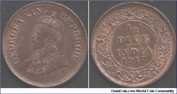 1909 George V 1/2 Pice, minted at Calcutta. Scan makes a beautiful BUnc coin look like only VF!!