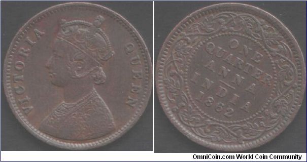 1862 1/4 anna. Minted at Bombay. Incuse V on shoulder, Bust `A', reverse I...and a die rotation error to boot!