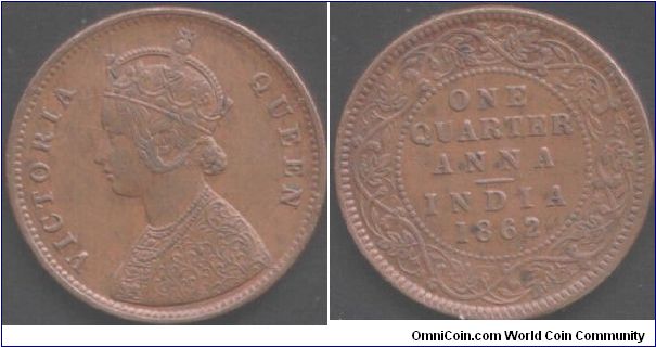 1862 1/4 anna. Minted at Madras. No `V' anywhere and 25.5 mm diameter. Bust `A', reverse I coin evidencing numerous die splits around legends.