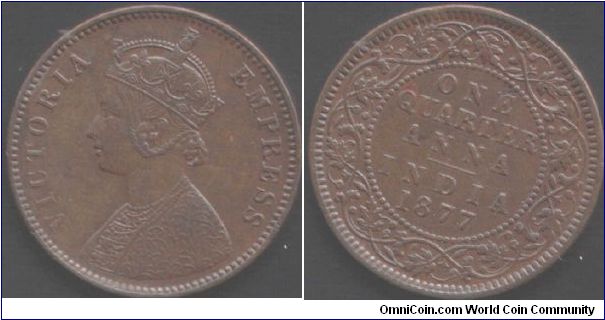 1877 1/4 anna. Minted at Calcutta. Die rotation error.