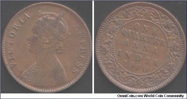 1900 1/4 anna. Minted at Calcutta. Weakly struck and yet another die rotation error.