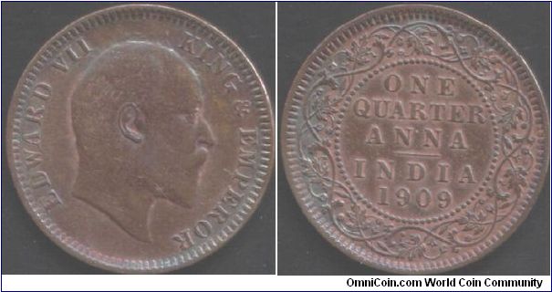 1909 Edward VII 1/4 anna. Minted at Calcutta. Another brockage coin this time with beautifully toned prooflike surfaces.