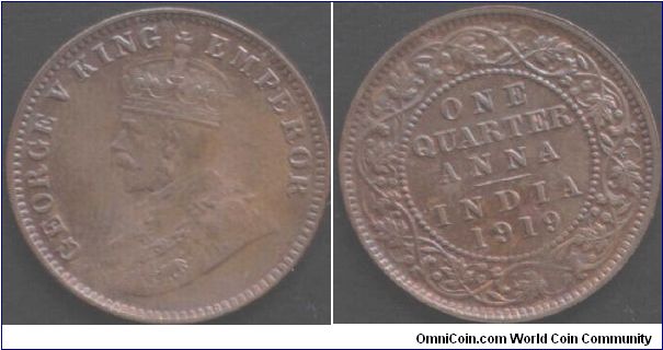 1919 George V 1/4 anna. Yet another brockage coin evident on reverse.
