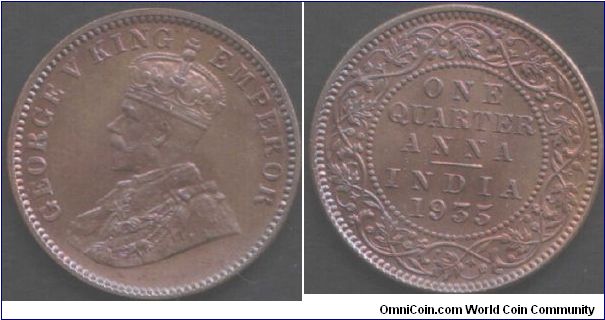 1935 beautifully toned George V 1/4 anna. No die breaks, no die rotation......in fact, no errors at all. Very unusual coin in this respect!!