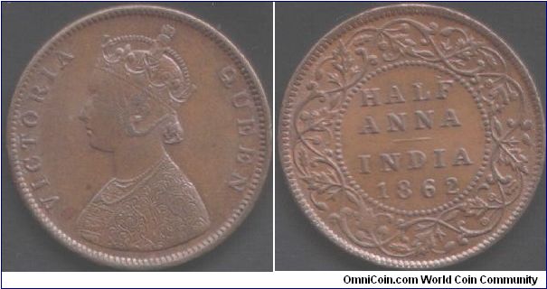 1862 1/2 anna. Bombay mint bust `A' reverse 1.