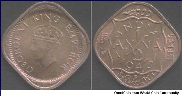 1943 1/2 anna. Beautifully toned coin