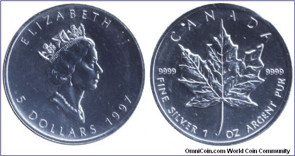 Canada, 5 dollars, 1997, Ag, Queen Elizabeth II, Maple leaf, bullion issue.                                                                                                                                                                                                                                                                                                                                                                                                                                         