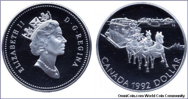 Canada, 1 dollar, 1992, Ag, Elizabeth II, Beginning of Stagecoach Service in 1817.                                                                                                                                                                                                                                                                                                                                                                                                                                  
