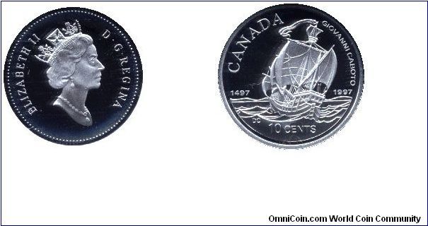 Canada, 10 cents, 1997, Ag, Queen Elizabeth II, 1497-1997, Giovanni Caboto, This coin commemorates the momentous voyage, from Bristol, England to the east cost of Canada, made in 1497 by John Cabot.                                                                                                                                                                                                                                                                                                              