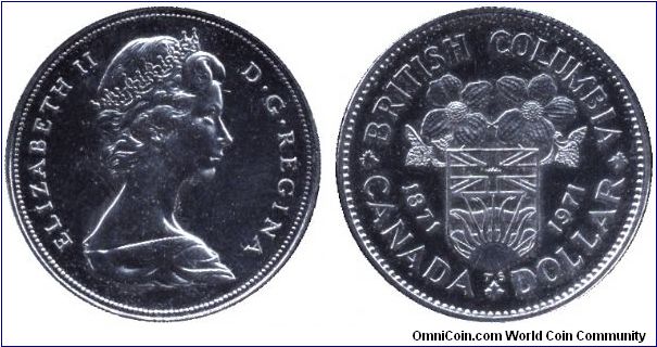 Canada, 1 dollar, 1971, Ni, Queen Elizabeth II, 1871-1971, British Columbia.                                                                                                                                                                                                                                                                                                                                                                                                                                        