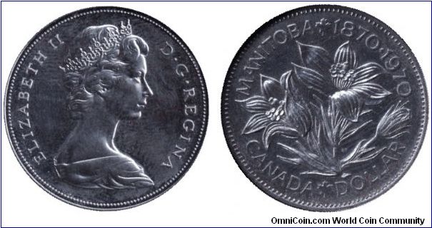 Canada, 1 dollar, 1970, Ni, Queen Elizabeth II, 1870-1970 Manitoba.                                                                                                                                                                                                                                                                                                                                                                                                                                                 