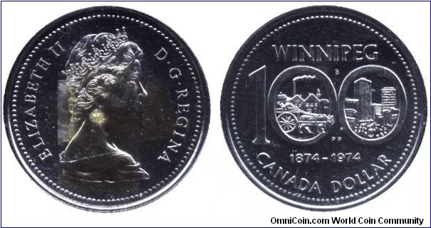 Canada, 1 dollar, 1974, Ni, Queen Elizabeth II, 1874-1974, 100th Anniversary of the city of Winnipeg.                                                                                                                                                                                                                                                                                                                                                                                                               