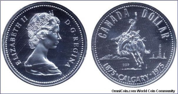 Canada, 1 dollar, 1975, Ag, Queen Elizabeth II, 1875-1975, Calgary.                                                                                                                                                                                                                                                                                                                                                                                                                                                 