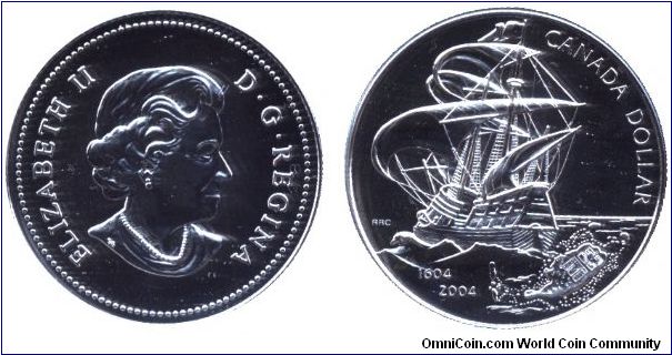 Canada, 1 dollar, 2004, Ag, Queen Elizabeth II, 1604-2004, 400th Anniversary of the First French Settlement in North America.                                                                                                                                                                                                                                                                                                                                                                                       