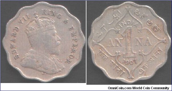 1907 Edward VII Anna minted at Bombay (incuse `B'mm)